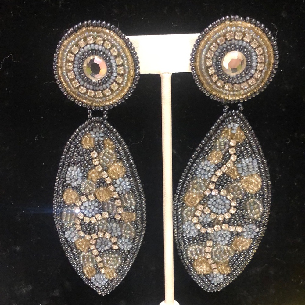 Vintage Large Hand-Beaded Mosaic Gray Statement Earring-Boutique